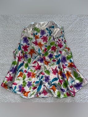 VTG satin whimsy floral flowy tank top vintage cottage fairy buttons collar M